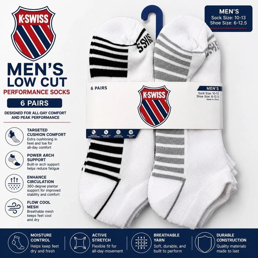 K-Swiss Mens Low Cut Performance Socks 6 Pairs White Black Grey Size 10-13 New